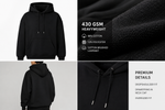 430 GSM Heavyweight Oversized Black Hoodie - Front and specs