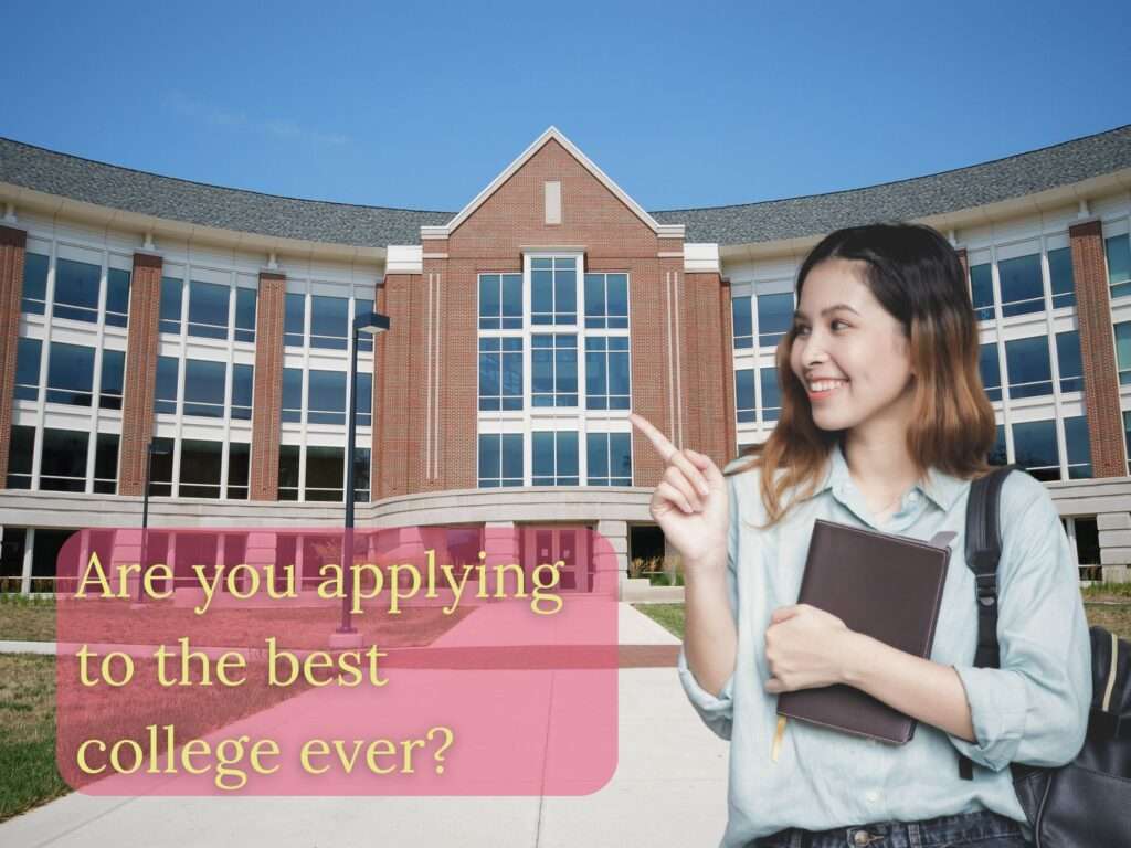 Young female student excited about a college in the background.