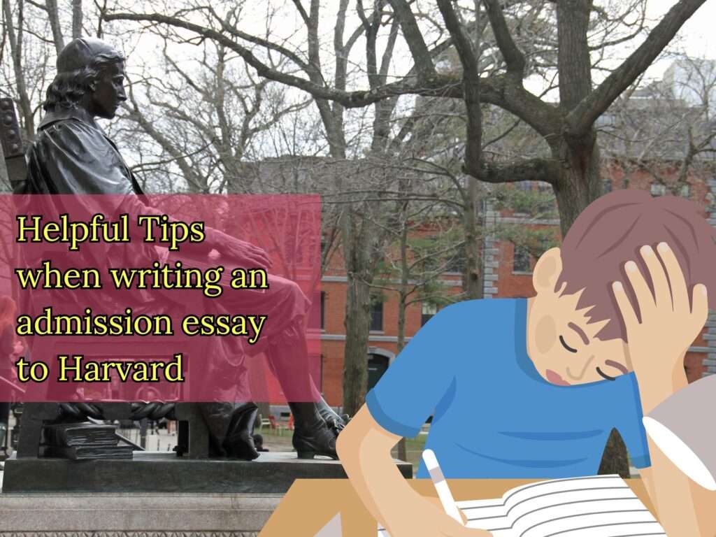 A student struggling very hard to write a college essay to Harvard University.