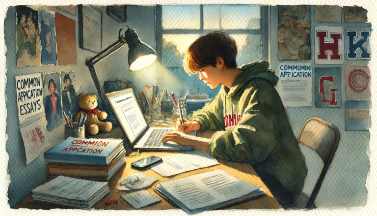 A watercolor painting of a high school student working on their Common Application essays at a desk.